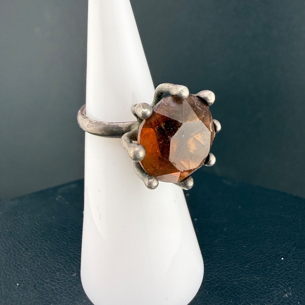 Vintage Taxco Sterling Silver Cocktail Ring Brutalist Rhinestone Size 4 Pinky